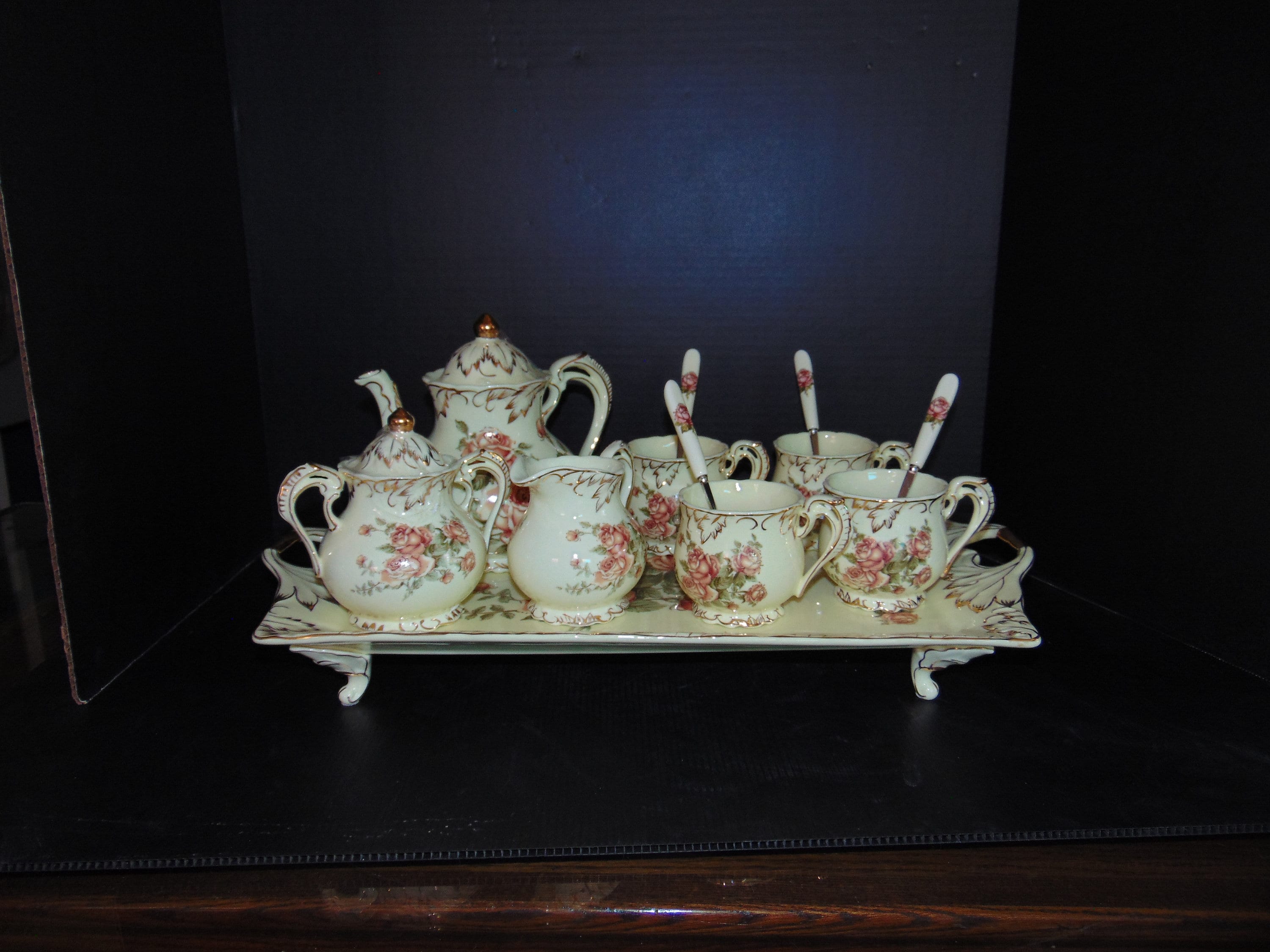 Vintage Porcelain Tea Set with Roses Accented in Gold