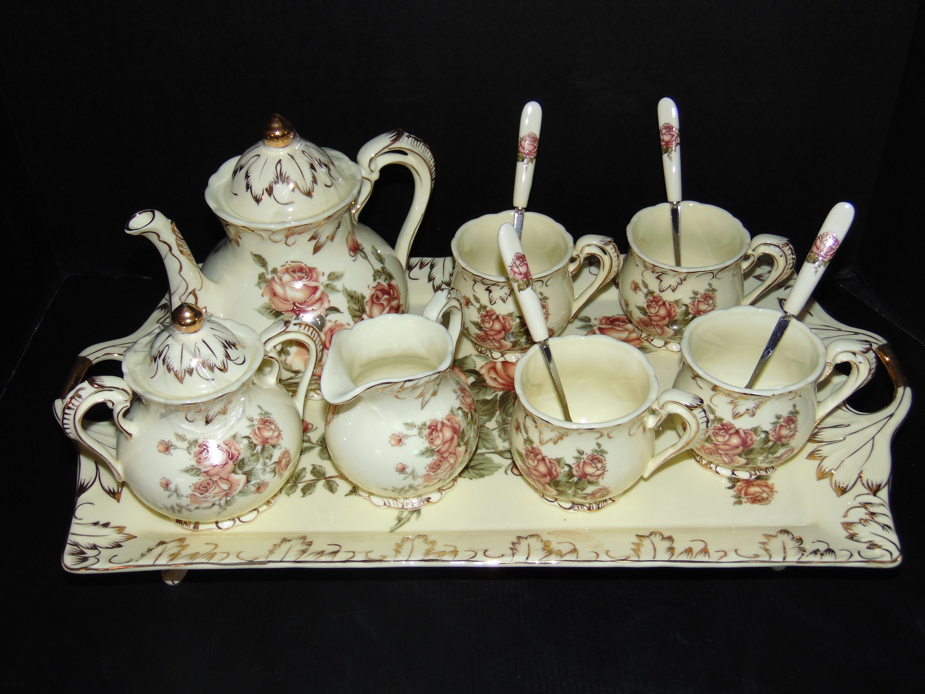 Vintage Porcelain Tea Set with Roses Accented in Gold