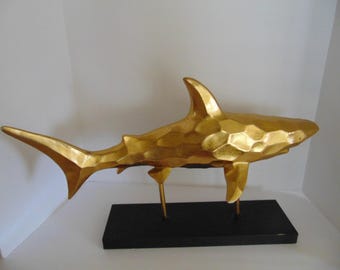 Shark Figurine Statue on a display Wood Base