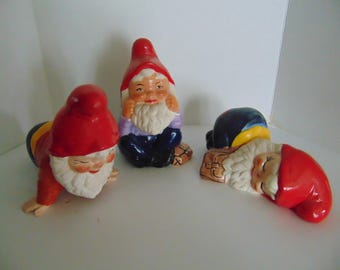 Set of  three  Vintage Hand Painted Ceramic Garden Gnomes. - Adorable