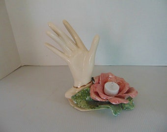 Ceramic Hand ring holder with Rose Tealight Holder.