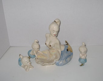 Mermaid Soap Dish with Tail Accented in Gold and Three Babies