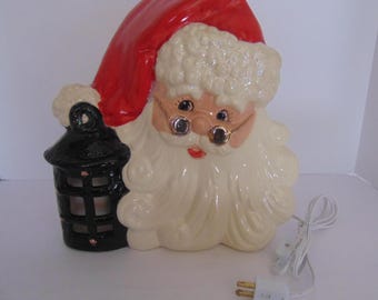 Ceramic bisque vintage light up Santa Claus Lantern Xmas decor