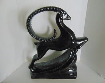 Vintage Royal Haeger Pottery Gazelle Ram Black Smooth Statue Art Deco