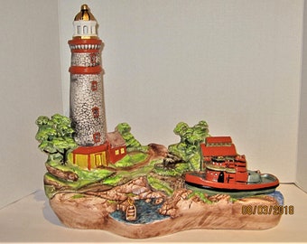 Lighthouse and Boat Marina with Tug Boat Accent/Nitelight
