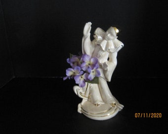 Clown Mime Figurine with Flower Vase Accented in Gold