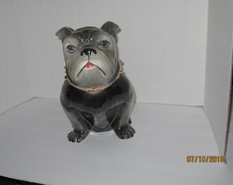 Large Gray Bulldog Cookie Jar with Pink Collar