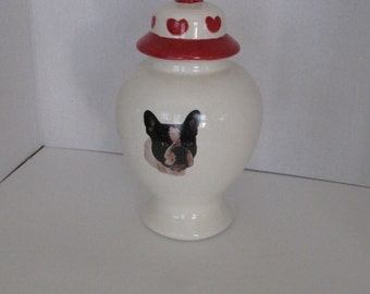 French Bulldog Ceramic Treat Jar Decorated with Hearts.