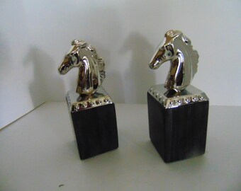Mary Jurek Chromed Stainless Steel Horse Head Sculpture Book Ends on Marble Base
