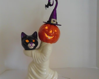 Halloween Ghost Lamp Holding His  Cat and Hat