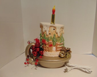 Ceramic Electric Christmas candle with Flicker and Red Cardinal Arrangement