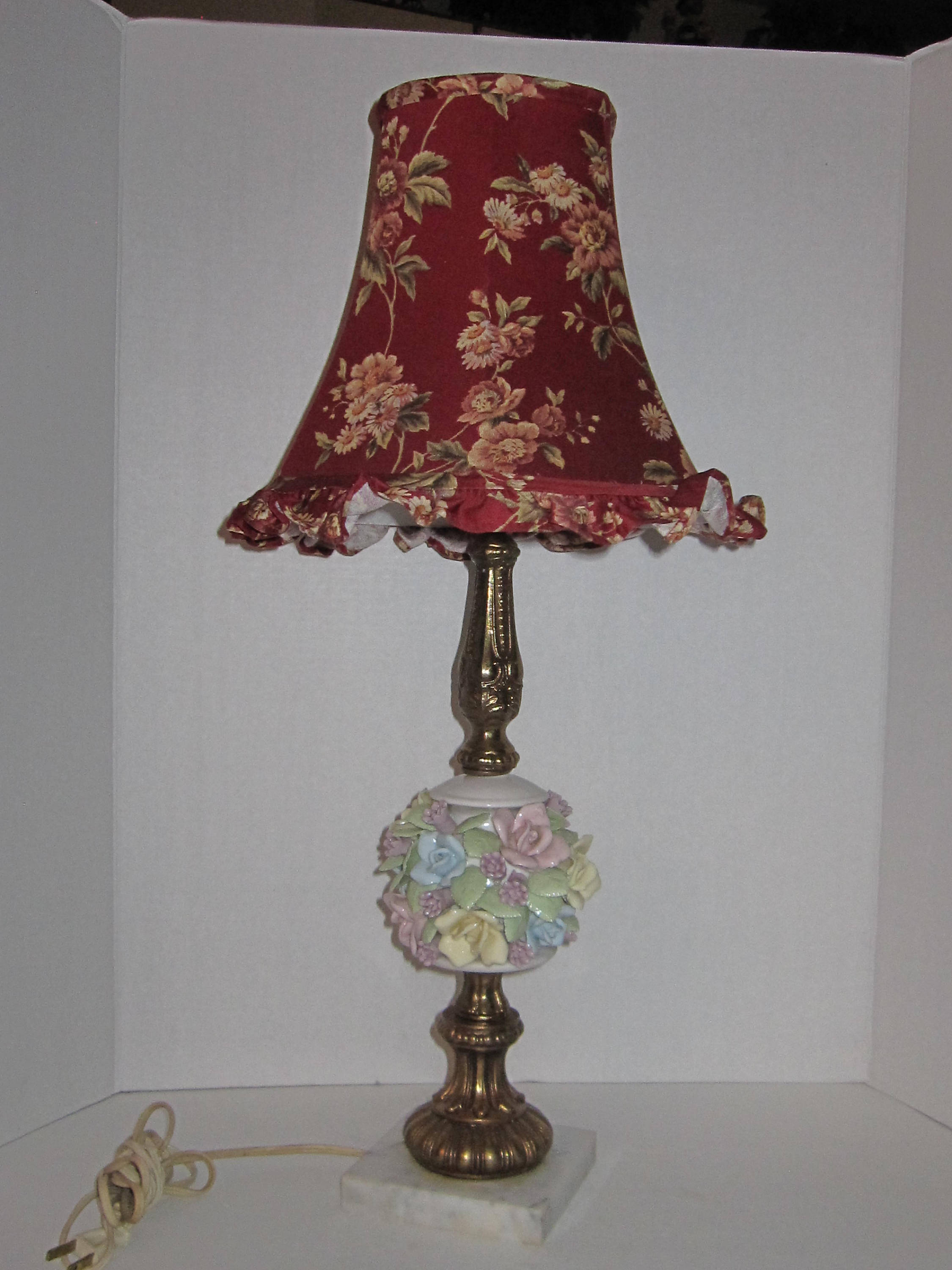 Vintage Porcelain Lamp with Porcelain Flowers and Brass