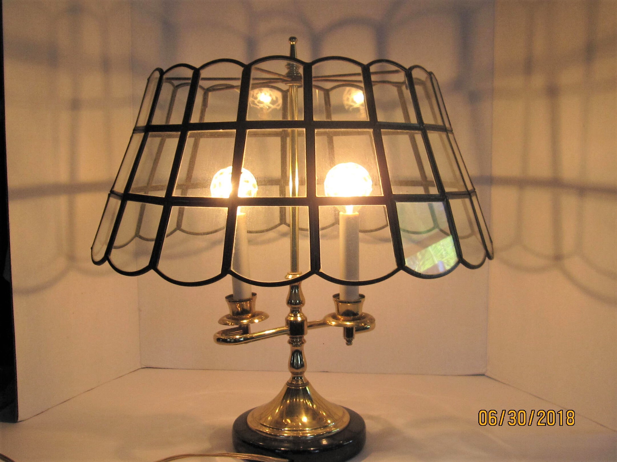 Vintage Two Arm Candelabra Table Lamp with Crystal Shade