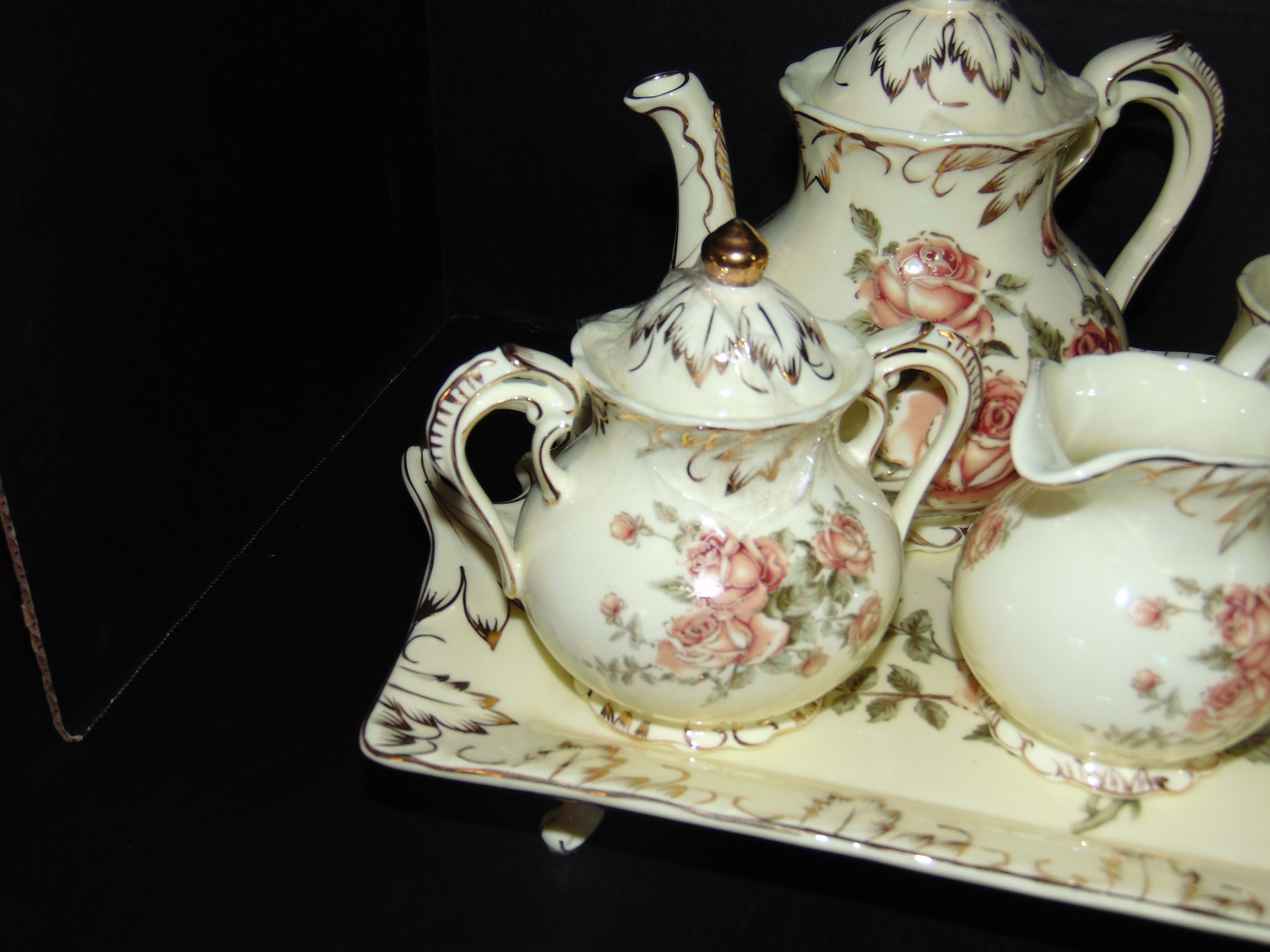 Vintage Porcelain Tea Set with Roses Accented in Gold