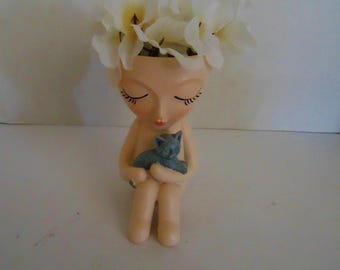 Girl With Dog Or Cat Planter