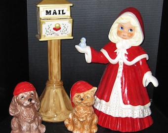 Cristmas Scene Girl, Bird, Mail Box and Dog and Cat Helpers..