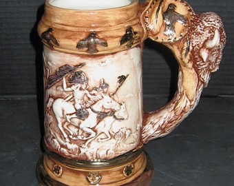 Ceramic Bisque Western American Bison Tribal Stein.