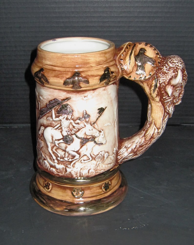 Ceramic Bisque Western American Bison Tribal Stein. image 1