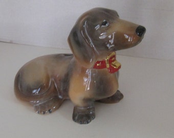 Dachshund Ceramic Piggy Bank Airbrush Brown and Gold