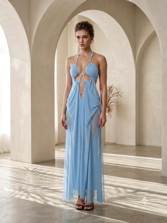 sheer chest dress Strapless Long Satin Prom Dress with Sheer Bead Corset Dusty Blue / 8