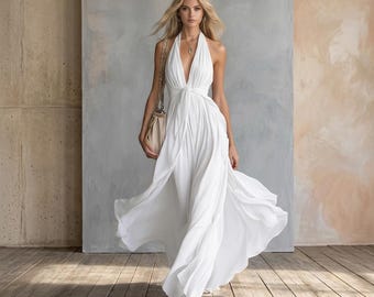 Abito lungo con scollo all'americana, abito greco drappeggiato a mano, elegante abbigliamento da resort.