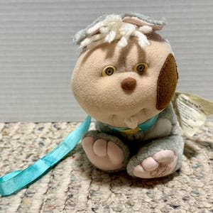 Vintage 1986 Cabbage Patch Kids Pets Dog Puppy Plush Tan Gray Spot Blue Collar