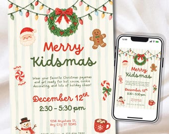 May include: A Christmas party invitation card and a smartphone displaying the same design. The card features a light green striped background, a string of colorful lights, a wreath, Santa, a gingerbread man, and text reading Merry Kidsmas.