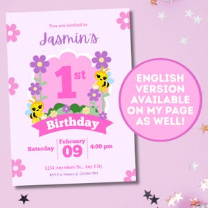 Abejita Chiquitita Birthday Invitation | Little Bee, Floral (Editable Canva Template, Digital Download) image 2