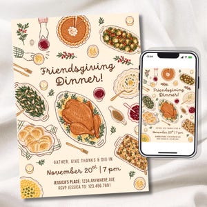Pode incluir: Um cartão de convite para um jantar de Friendsgiving e um smartphone exibindo o mesmo design. A ilustração apresenta um peru assado, acompanhamentos e o texto Friendsgiving Dinner, November 20th at 7 pm, Jessica's Place, 1234 Anywhere Ave.