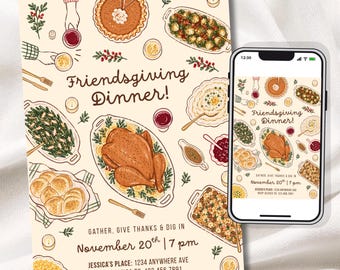 May include: A Friendsgiving dinner invitation card and a smartphone displaying the same design. The illustration features a roasted turkey, side dishes, and text reading Friendsgiving Dinner, November 20th at 7 pm, Jessica's Place, 1234 Anywhere Ave.