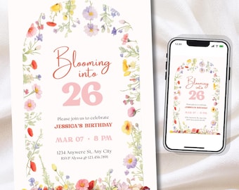 Blooming Into Birthday Invitation, Floral Birthday Invite Template, Spring Garden Party, Any Age,  (Digital or 5x7in Print)