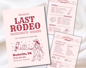 Last Rodeo Bachelorette Invitation, Cowgirl Weekend Itinerary, Packing List (Digital Editable Template)