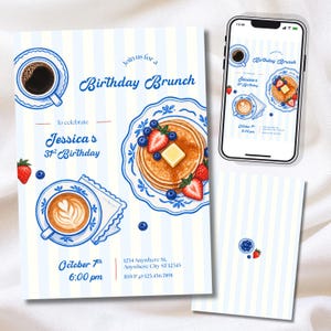 May include: A birthday brunch invitation card and a smartphone displaying the same design, featuring a light blue striped background, illustrations of pancakes with strawberries and blueberries, coffee cups, and text including "Jessica's 31st Birthday".