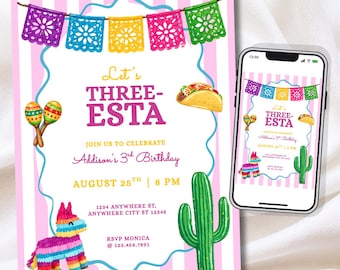 Let's Three-Esta Invitation, Fiesta 3rd Birthday Invite, Three-Esta Bday, Adios Dos, Canva Template | Digital/5x7in Self Print