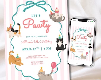 May include: A birthday invitation card and a smartphone displaying the same design, featuring a pink and white striped background, a teal bow frame, and illustrations of cats wearing party hats with the text Let's Pawty Allison's 6th Birthday.