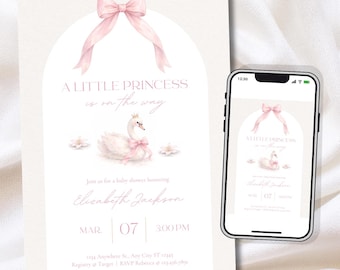 Swan Baby Shower Invitation | Swan Princess Invite | Elegant Pink Bow Swan Baby Shower | Swan Lake | Canva Template