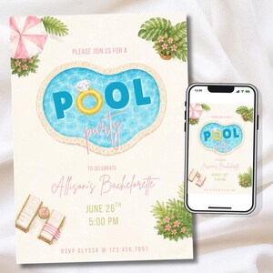 Może przedstawiać: Jasny beż zaproszenie na imprezę przy basenie z grafiką w kształcie basenu i słowami "POOL party" w kolorze niebieskim i różowym. Zaproszenie zawiera tekst "Allison's Bachelorette" i szczegóły wydarzenia. Smartfon wyświetla ten sam projekt.