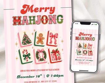 May include: A pink and white striped invitation card and a smartphone displaying the same design. The text reads Merry Mahjong, Join us for a merry little night of tiles & cheer, December 10th at 7:00pm, 1234 Anywhere St, and RSVP Monica.