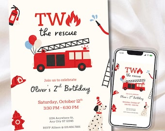May include: A birthday invitation card and a smartphone displaying the same design. The card features a red fire truck, a dalmatian wearing a party hat, a fire hydrant, and a fire extinguisher with the text TW the rescue, Oliver's 2nd Birthday.