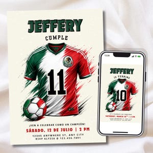 Mexikansk fotbollsfödelsedag, fotbollsfestinbjudan, mexikansk tröjafödelsedagsinbjudan, valfri ålder, engelska/spanska, Canva-mall - digital eller 5 x 7 tum tryck