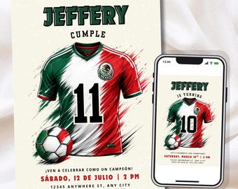 Mexico Soccer Birthday, Futbol Party Invite, Mexican Jersey Bday Invite, Any Age, English/Spanish, Canva Template - Digital or 5x7in Print