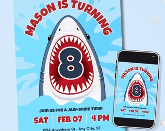 May include: A light blue birthday invitation with a shark graphic. The invitation reads "MASON IS TURNING" and "JOIN US FOR A JAW-SOME TIME!" with the date, time, and location. A smartphone displays the same design.