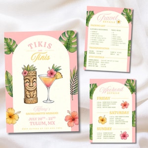 May include: Pink bachelorette party invitation set with tropical theme. The main invitation features a tiki, cocktail, and text "Tikis and Finis". Additional cards detail travel and weekend plans, adorned with floral and leaf illustrations.