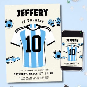 Messi Argentinas fotbollströja inspirerad | Fotbollsfödelsedag | Messi 10-årsdag | Redigerbar Canvas-mall | (Digital eller 5 x 7 i tryck)