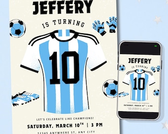 Messi Argentina Jersey Inspired Soccer Birthday | Soccer Birthday | Messi 10 Birthday | Editable Canva Template | (Digital or 5x7in Print)