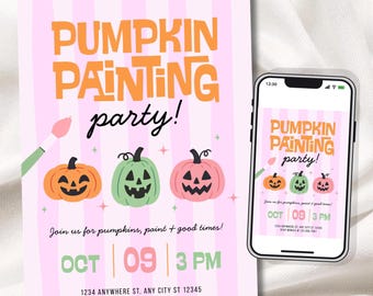 May include: A rectangular invitation card and a smartphone displaying the same design, featuring a light pink striped background, orange text reading PUMPKIN PAINTING party!, three jack-o'-lanterns in orange, green, and pink, and event details.