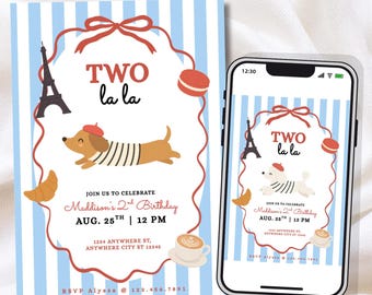 Two La La Birthday Invitation, Paris Poodle 2nd Birthday Invite, French Bday Party, Editable Canva Template (Digital or 5x7in Print)