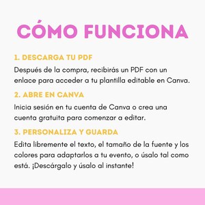 May include: A graphic with instructions in Spanish on how to use a template. The title "C&Oacute;MO FUNCIONA" is in pink. Steps include downloading a PDF, opening in Canva, and personalizing. The background is white with a pink and yellow gradient.