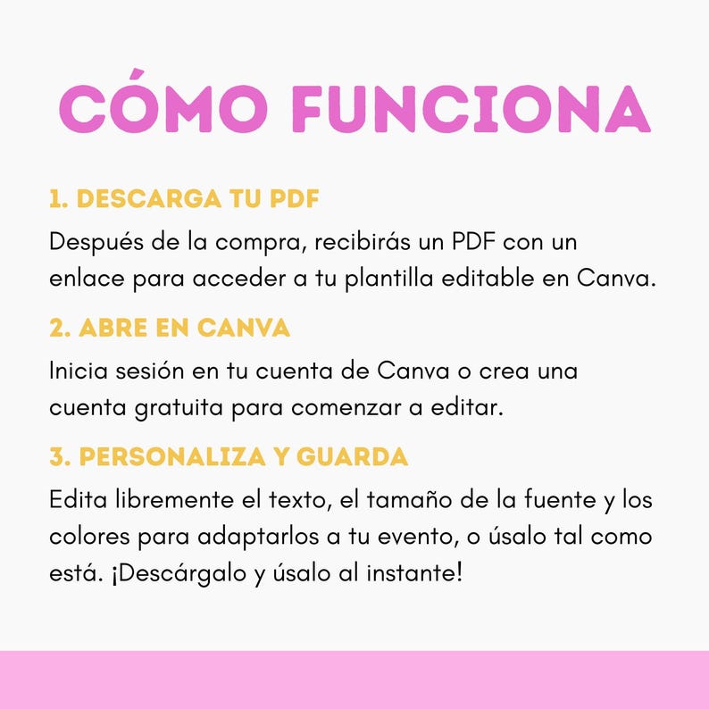 May include: A graphic with instructions in Spanish on how to use a template. The title "C&Oacute;MO FUNCIONA" is in pink. Steps include downloading a PDF, opening in Canva, and personalizing. The background is white with a pink and yellow gradient.