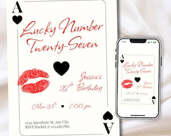Lucky Number 27 Birthday Invitation | 27th Birthday Invite | Lucky Ace Card Bday | Editable Canva Invite | (Digital or 5x7in Self Print)